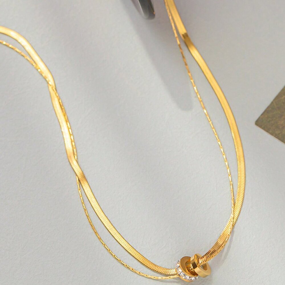 Silver Casual Women's Stainless Steel Round Cz Inlaid Double Layer Necklace - Picture 13 of 14